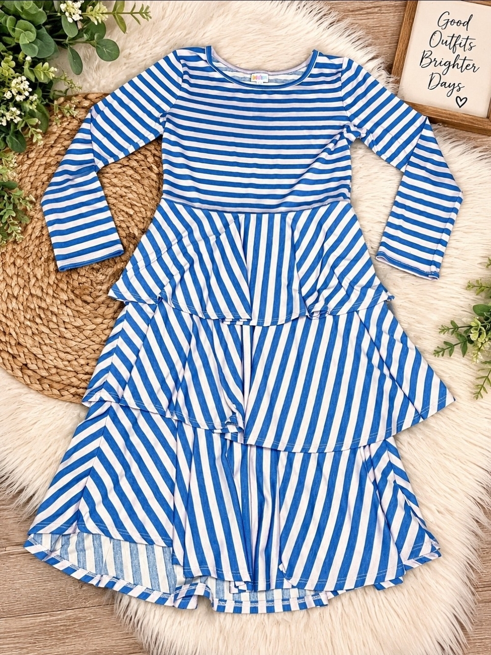 LuLaRoe Blue & White Striped Tiered Long Sleeve Dress